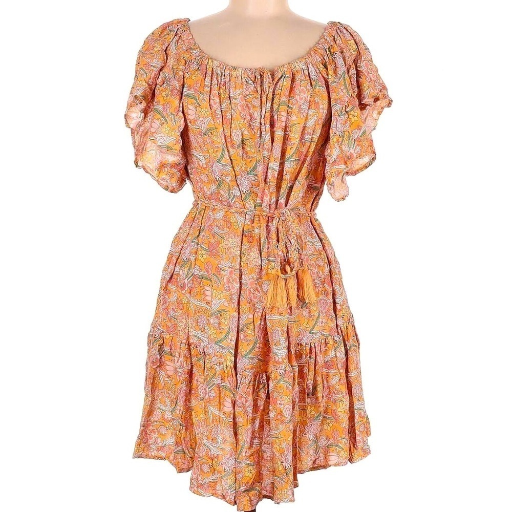 Rachel Zoe Ruffled Bright Orange Floral Drawstring Mini Spring Summer Sun Dress - Picture 2 of 6